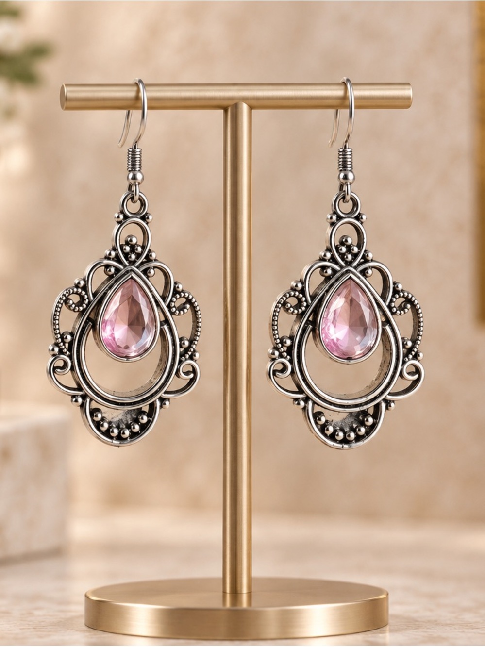 Fashion Jewelry Silver Filigree Earrings with Pink Teardrop Crystal